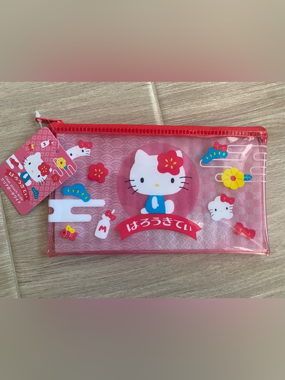 NWT Sanrio Hello Kitty Japanese Kimono Style Clear Zipper Pouch Wide Japan⁠